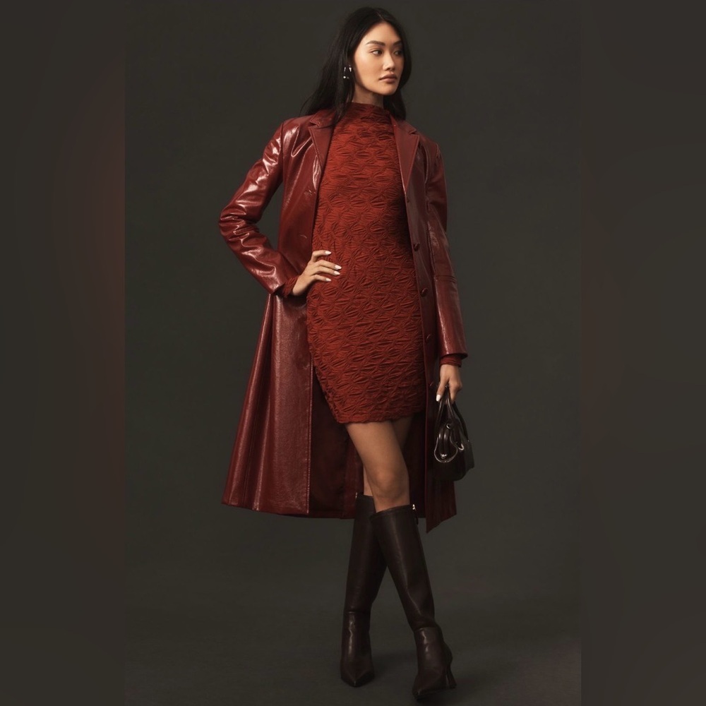 Anthropologie Maeve Long Sleeve Scrunch Textured Mini Dress Wine M NWT
